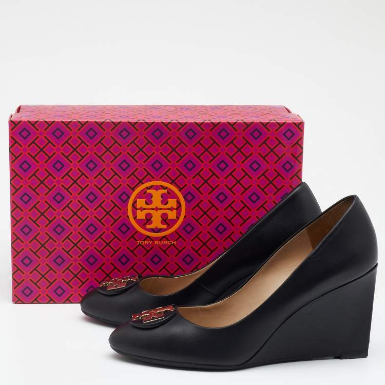 Pre Owned Tory Burch Black Leather Luna Wedge Pumps Size 39.5