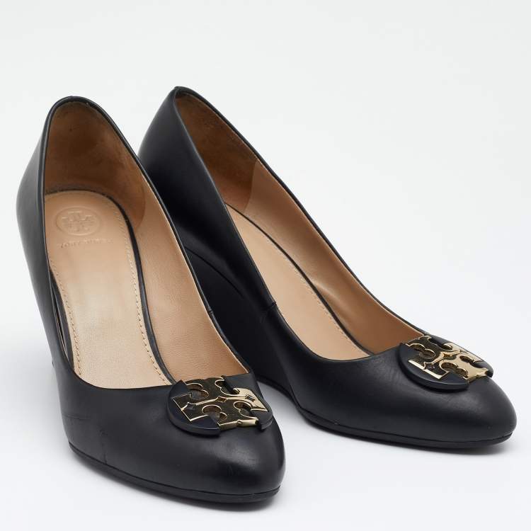 Pre Owned Tory Burch Black Leather Luna Wedge Pumps Size 39.5