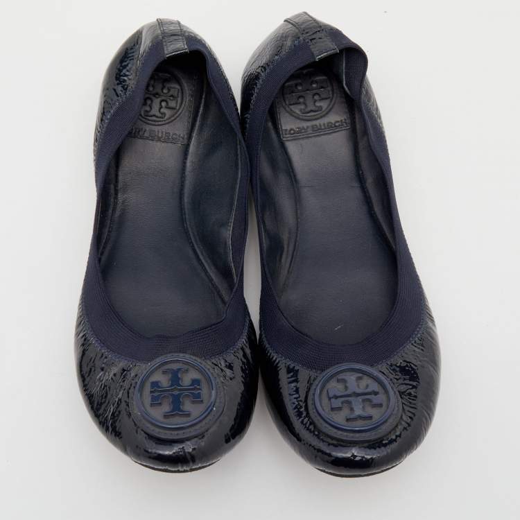 Pre Owned Tory Burch Blue Patent Leather Caroline Ballet Flats 36.5