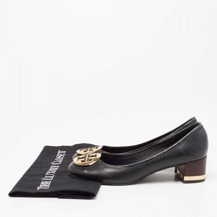 Pre Owned Tory Burch Black Leather Reva Block Heel Pumps Size 36.5 