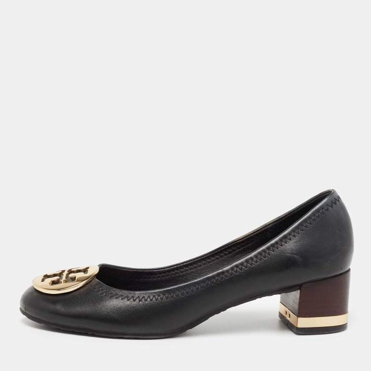 Pre Owned Tory Burch Black Leather Reva Block Heel Pumps Size 36.5 