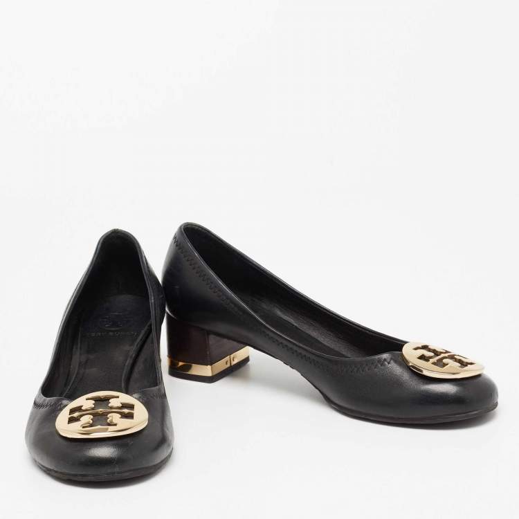 Pre Owned Tory Burch Black Leather Reva Block Heel Pumps Size 36.5 