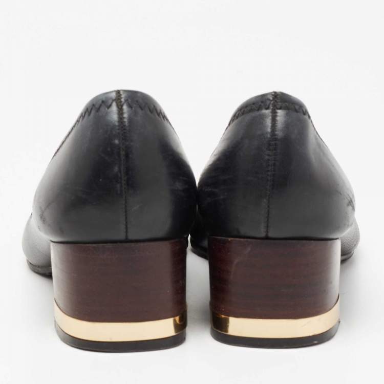 Pre Owned Tory Burch Black Leather Reva Block Heel Pumps Size 36.5 