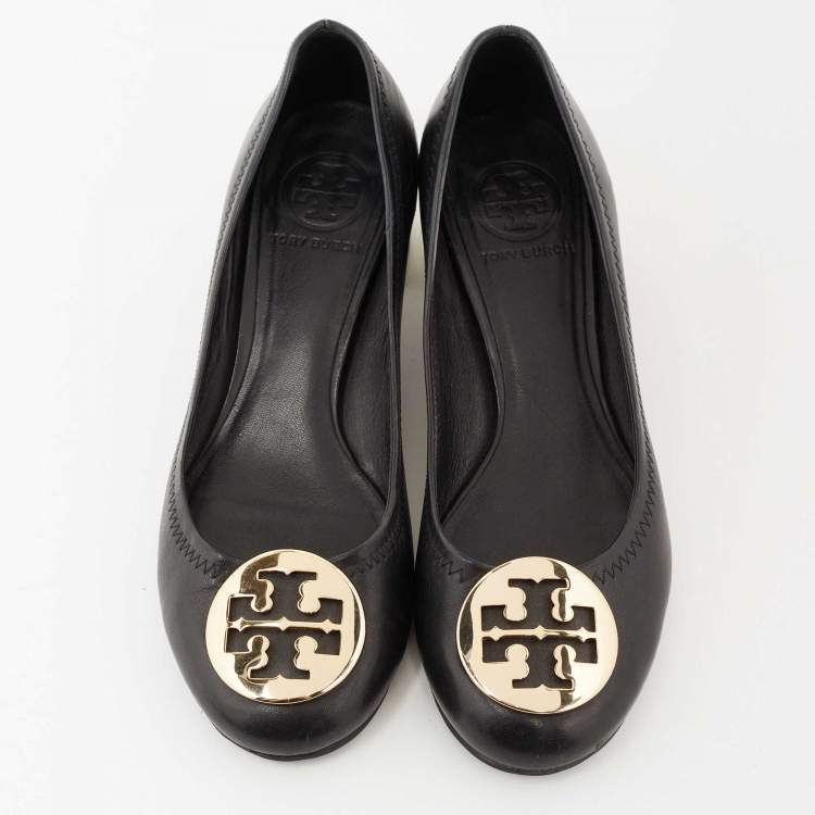 Pre Owned Tory Burch Black Leather Reva Block Heel Pumps Size 36.5 