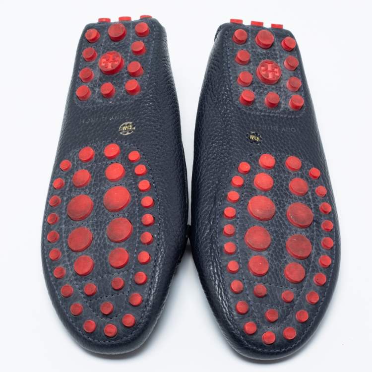 Pre Owned Tory Burch Navy Blue Leather Slip On Loafers Size 36.5 