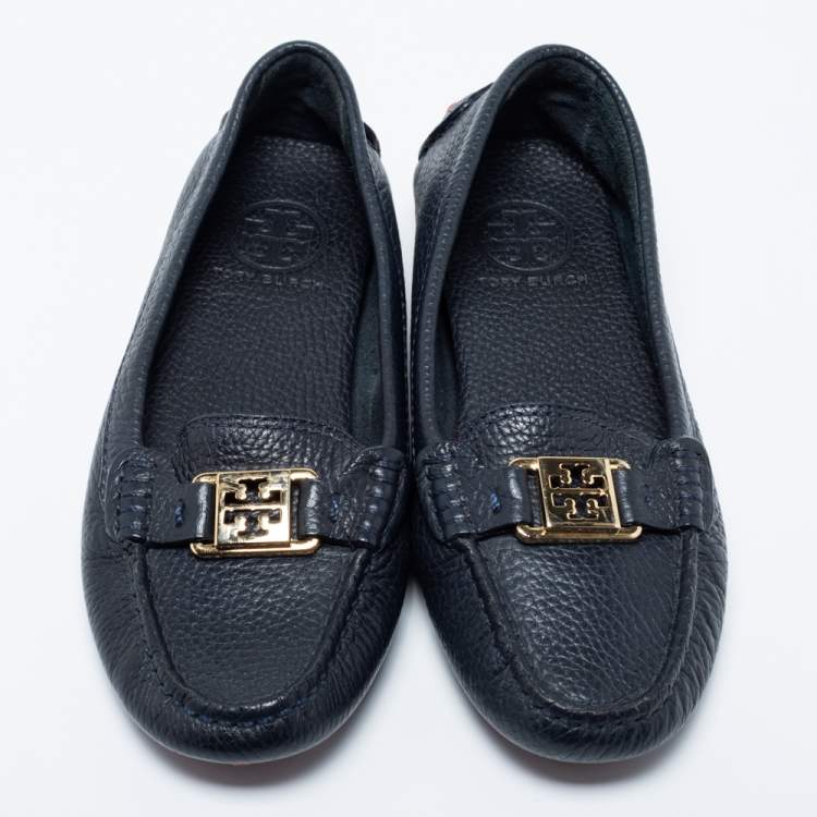 Pre Owned Tory Burch Navy Blue Leather Slip On Loafers Size 36.5 