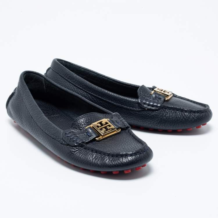Pre Owned Tory Burch Navy Blue Leather Slip On Loafers Size 36.5 