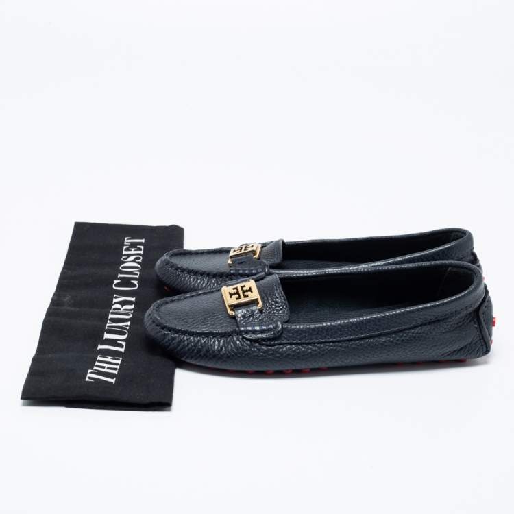 Pre Owned Tory Burch Navy Blue Leather Slip On Loafers Size 36.5 