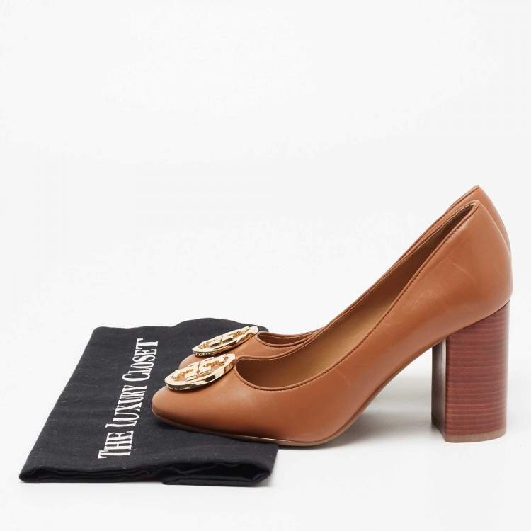 Pre Owned Tory Burch Brown Leather Round Toe Janey Pumps Size 35.5 