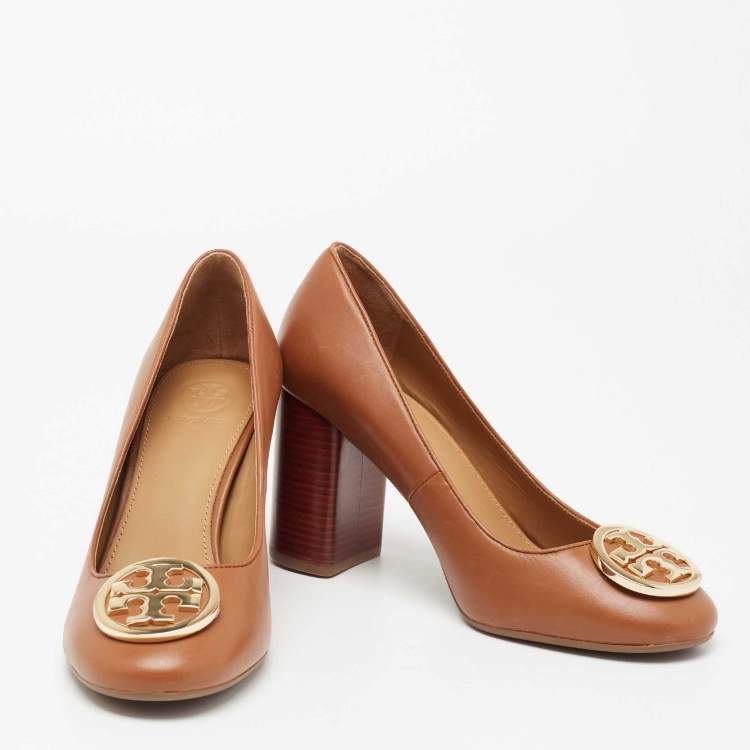 Pre Owned Tory Burch Brown Leather Round Toe Janey Pumps Size 35.5 