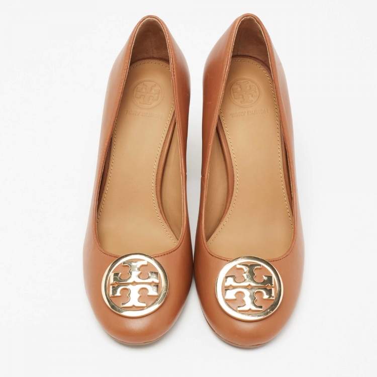 Pre Owned Tory Burch Brown Leather Round Toe Janey Pumps Size 35.5 