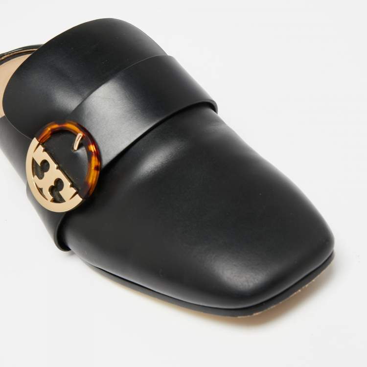 Pre Owned Tory Burch Black Leather Sidney Backless Loafers Size 40