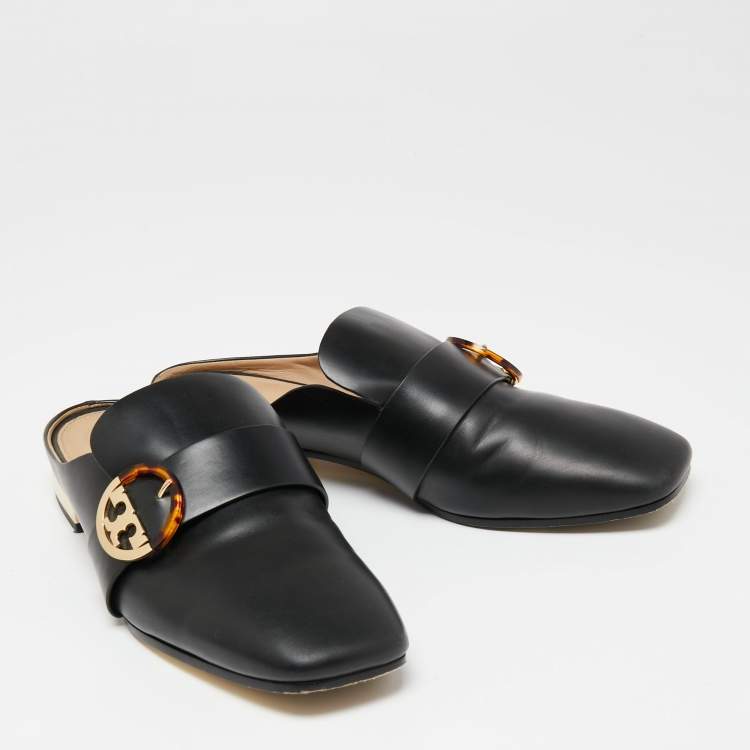 Pre Owned Tory Burch Black Leather Sidney Backless Loafers Size 40