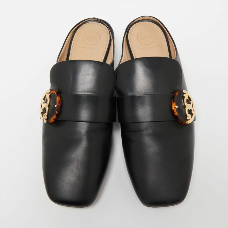 Pre Owned Tory Burch Black Leather Sidney Backless Loafers Size 40