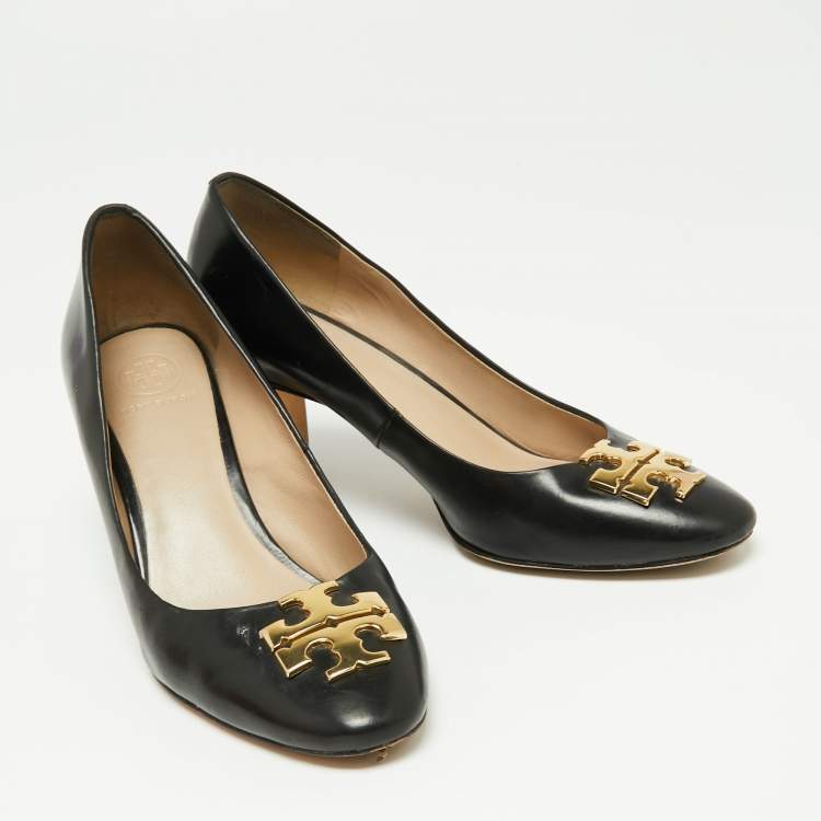 Pre Owned Tory Burch Black Leather Janey Block Heel Pumps Size 37.5