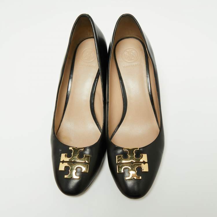 Pre Owned Tory Burch Black Leather Janey Block Heel Pumps Size 37.5