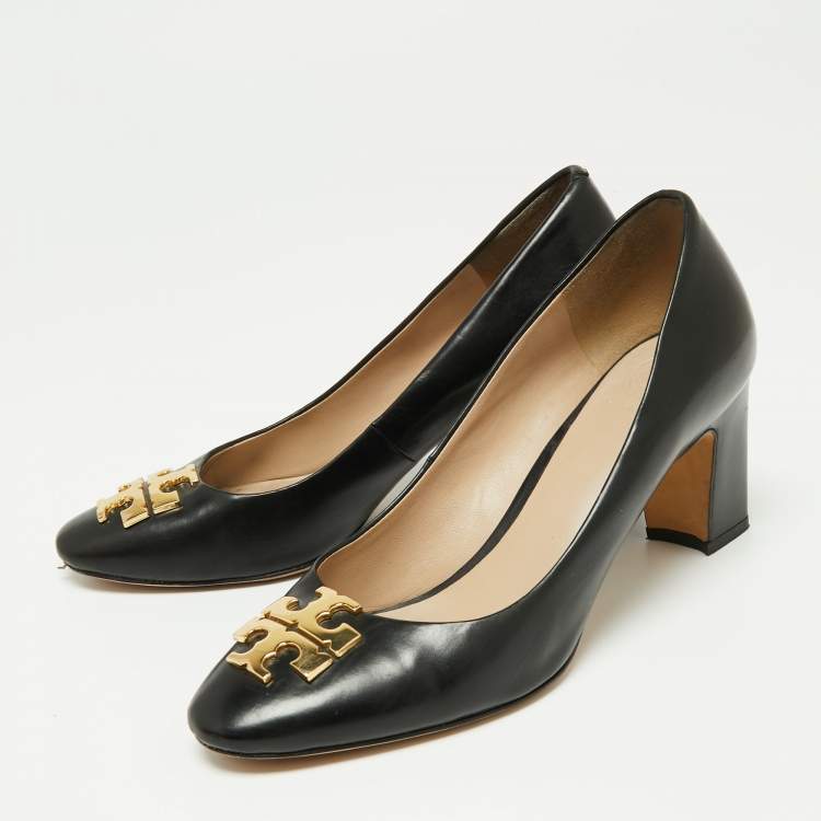 Pre Owned Tory Burch Black Leather Janey Block Heel Pumps Size 37.5