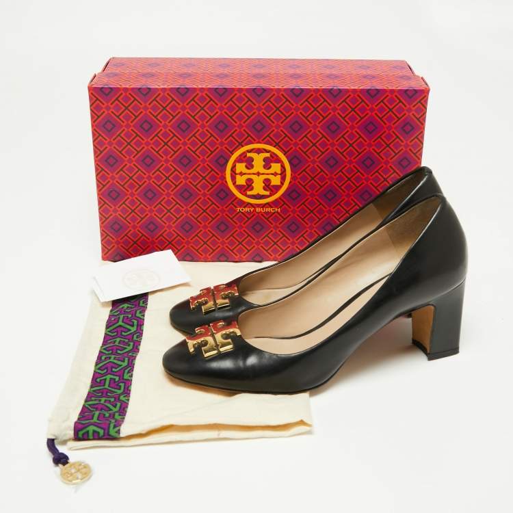 Pre Owned Tory Burch Black Leather Janey Block Heel Pumps Size 37.5