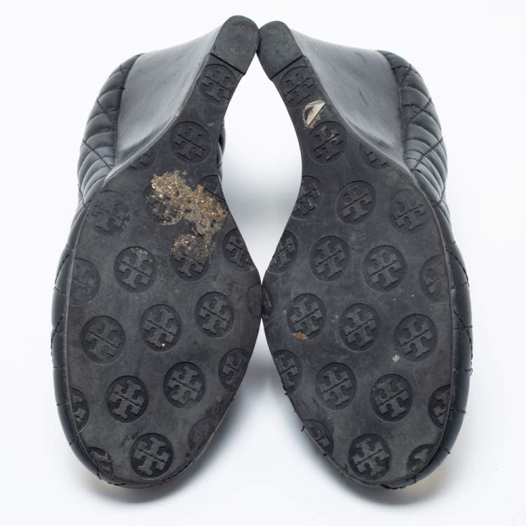 Pre Owned Tory Burch Black Quilted Leather Reva Wedge Pumps Size 41