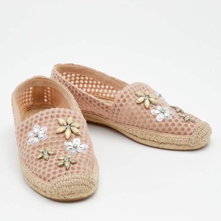 Pre Owned Tory Burch Pink Mesh Crystal Embellished Espadrille Flats Size 39