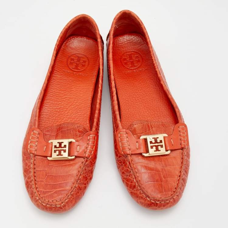Pre Owned Tory Burch Orange Croc Embossed Leather Driver Loafers Size 39