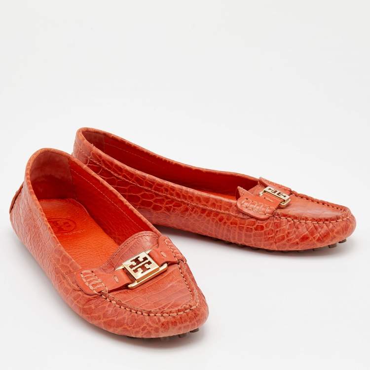 Pre Owned Tory Burch Orange Croc Embossed Leather Driver Loafers Size 39