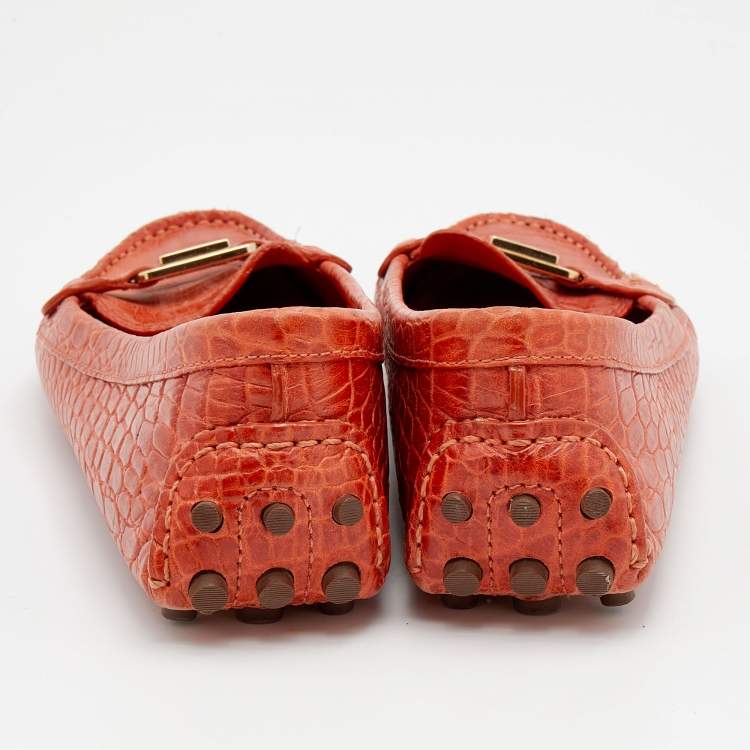 Pre Owned Tory Burch Orange Croc Embossed Leather Driver Loafers Size 39
