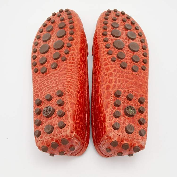 Pre Owned Tory Burch Orange Croc Embossed Leather Driver Loafers Size 39
