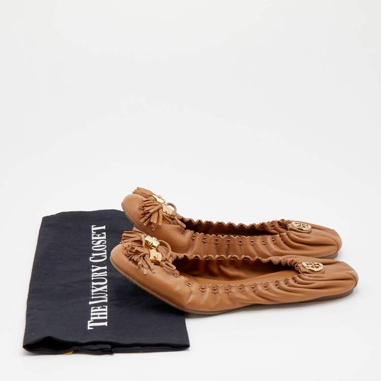 مملوكة مسبقًا Tory Burch Brown Leather Reva Scrunch Ballet Flats Size 39.5