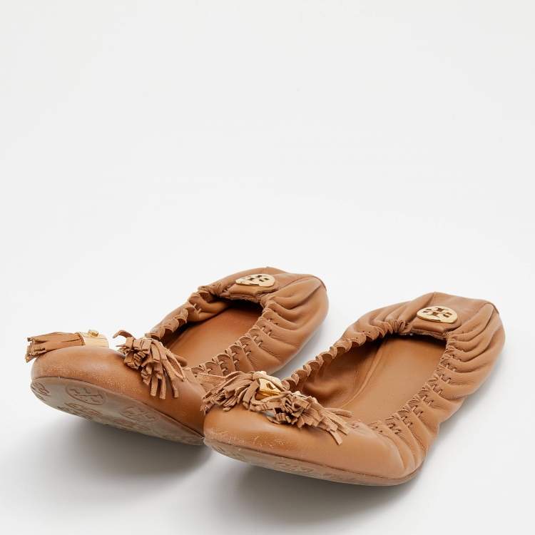 مملوكة مسبقًا Tory Burch Brown Leather Reva Scrunch Ballet Flats Size 39.5