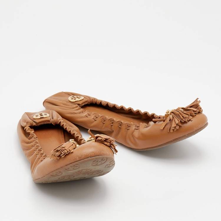 مملوكة مسبقًا Tory Burch Brown Leather Reva Scrunch Ballet Flats Size 39.5