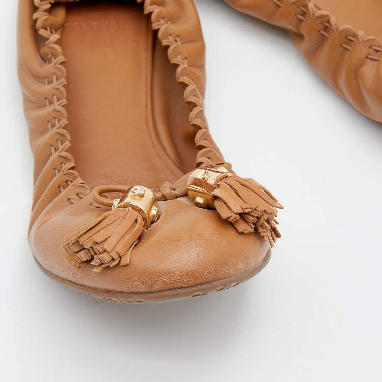 مملوكة مسبقًا Tory Burch Brown Leather Reva Scrunch Ballet Flats Size 39.5