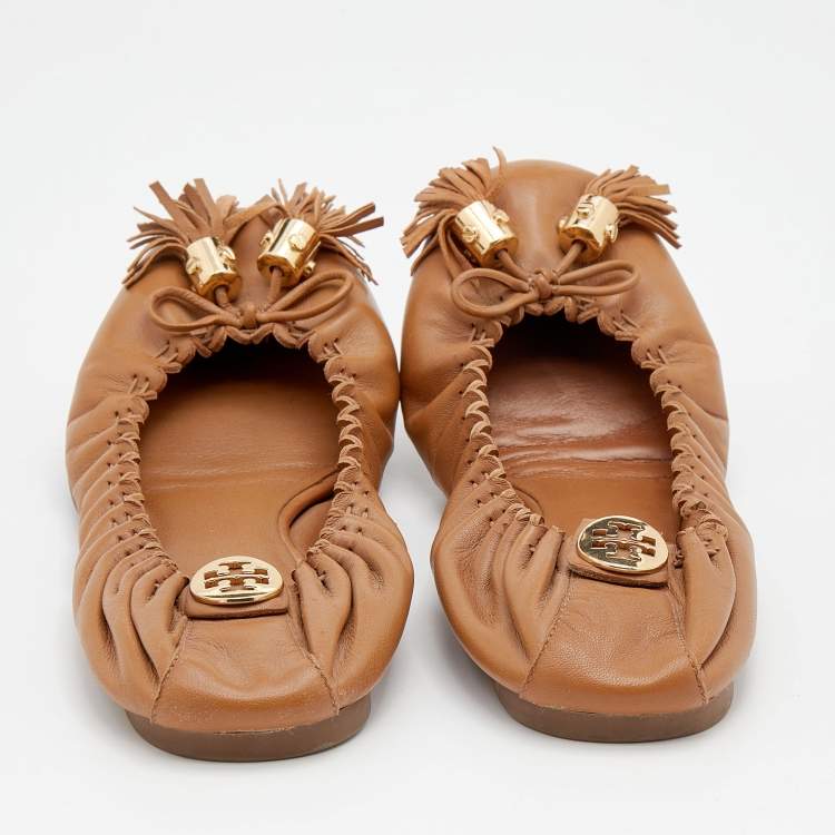 مملوكة مسبقًا Tory Burch Brown Leather Reva Scrunch Ballet Flats Size 39.5