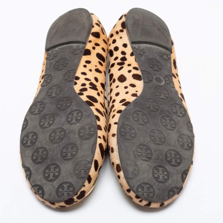 Pre Owned Tory Burch Brown Leopard Print Calf Hair Reva Ballet Flats Size 39
