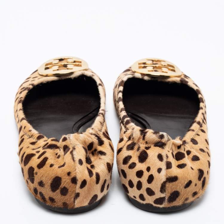 Pre Owned Tory Burch Brown Leopard Print Calf Hair Reva Ballet Flats Size 39