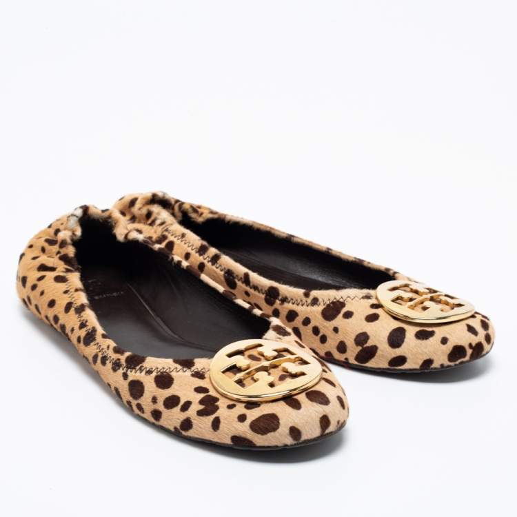 Pre Owned Tory Burch Brown Leopard Print Calf Hair Reva Ballet Flats Size 39