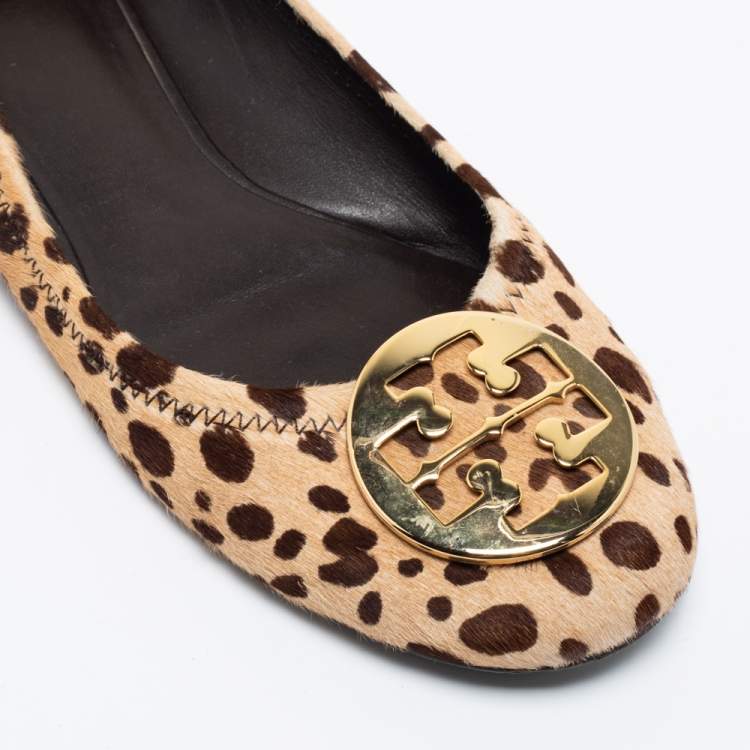 Pre Owned Tory Burch Brown Leopard Print Calf Hair Reva Ballet Flats Size 39