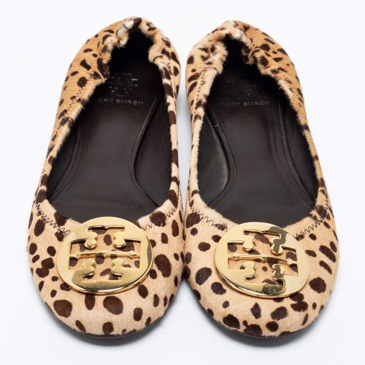 Pre Owned Tory Burch Brown Leopard Print Calf Hair Reva Ballet Flats Size 39