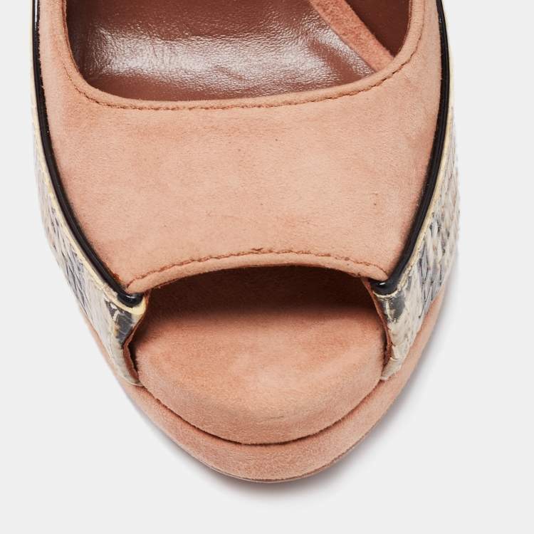 Pre Owned Tory Burch Beige Suede And Python Embossed Leather Sandra Wedge Platform Pumps Size 35