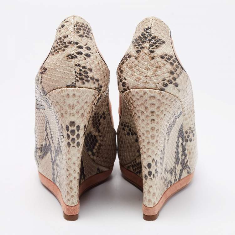 Pre Owned Tory Burch Beige Suede And Python Embossed Leather Sandra Wedge Platform Pumps Size 35