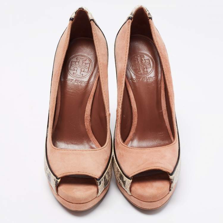 Pre Owned Tory Burch Beige Suede And Python Embossed Leather Sandra Wedge Platform Pumps Size 35