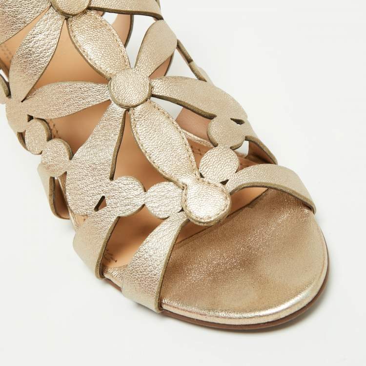 Pre Owned Tory Burch Metallic Gold Leather Laser Cut Sandals Size 36