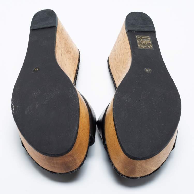 Pre Owned Tory Burch Black Leather Patti Wedge Slide Sandals Size 38.5
