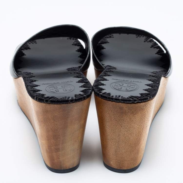 Pre Owned Tory Burch Black Leather Patti Wedge Slide Sandals Size 38.5