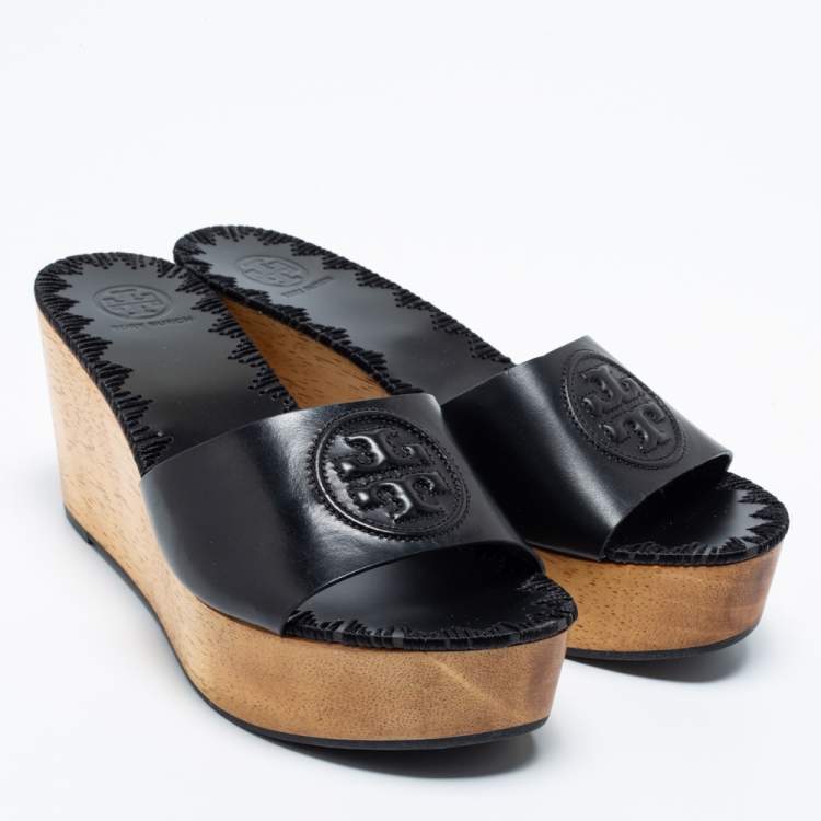 Pre Owned Tory Burch Black Leather Patti Wedge Slide Sandals Size 38.5