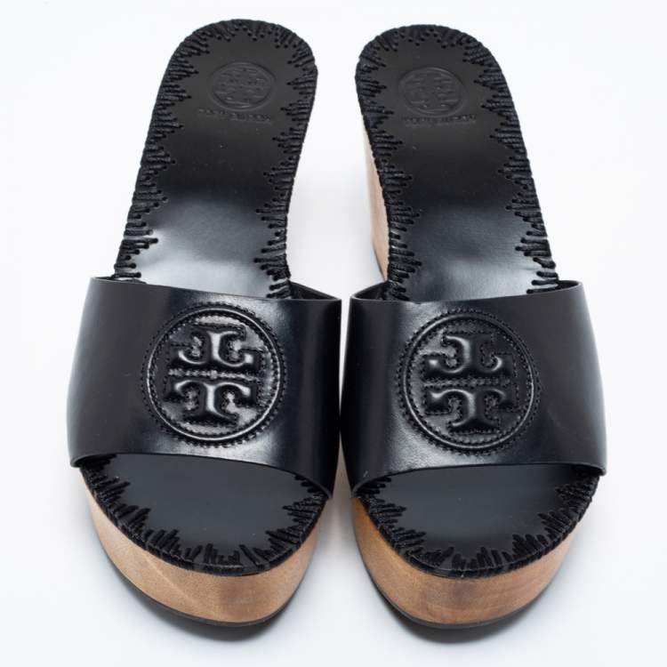 Pre Owned Tory Burch Black Leather Patti Wedge Slide Sandals Size 38.5