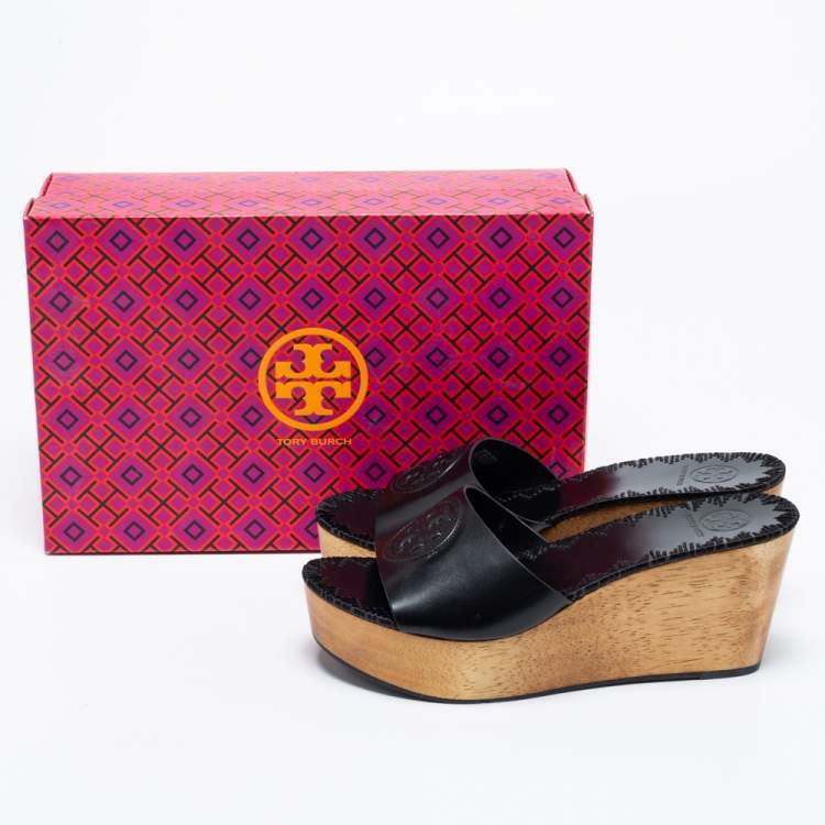 Pre Owned Tory Burch Black Leather Patti Wedge Slide Sandals Size 38.5