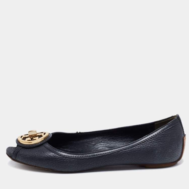 Pre Owned Tory Burch Navy Blue Leather Peep Toe Ballet Flats Size 37