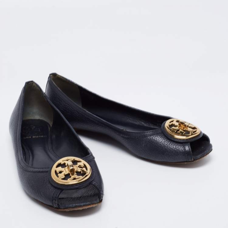 Pre Owned Tory Burch Navy Blue Leather Peep Toe Ballet Flats Size 37