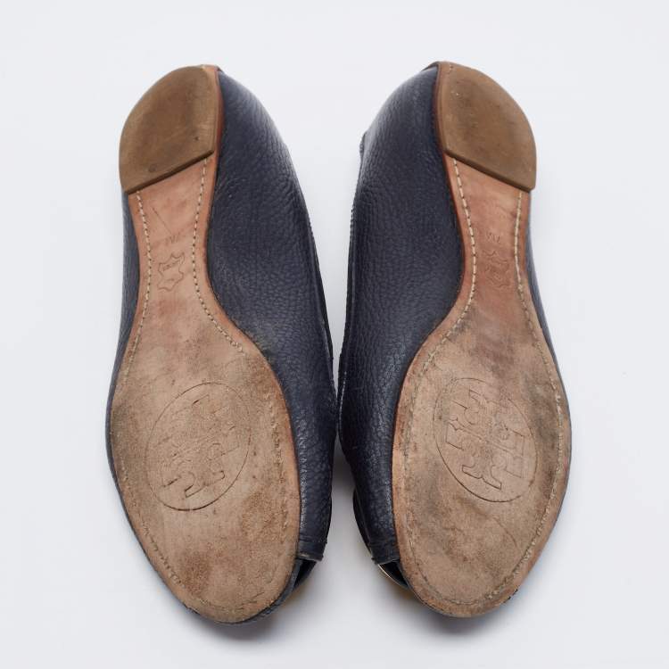 Pre Owned Tory Burch Navy Blue Leather Peep Toe Ballet Flats Size 37